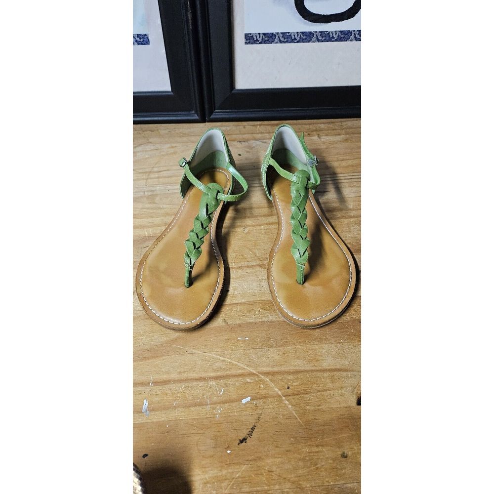 Lands' End Size 8B Tan Leather Embroidered Braided Ankle Strap BOHO Sandals
